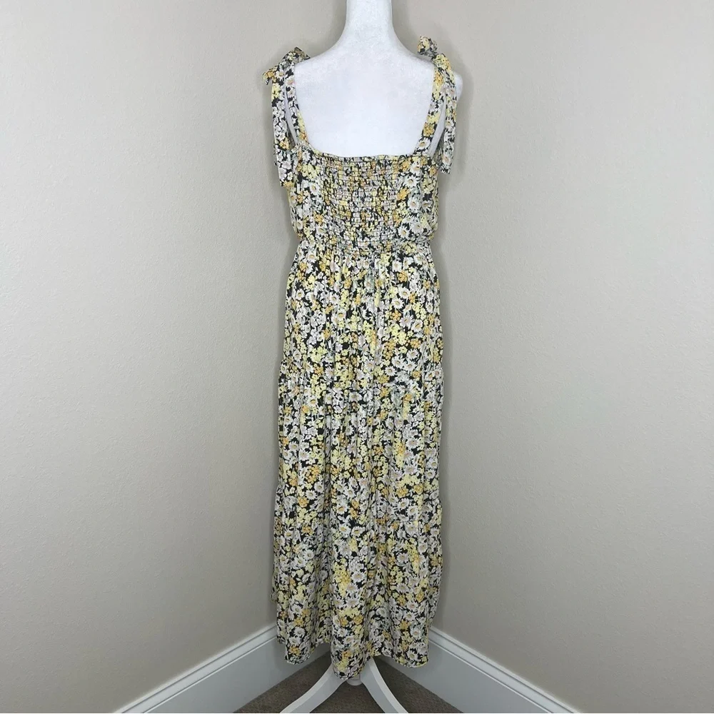 Social Standard by Sanctuary Black Yellow Floral Shoulder Tie Smocked Midi Dress - Picture 8 of 13